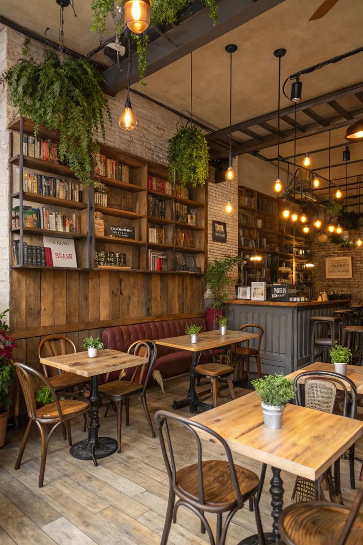 Cozy café seating with dark earthy tones